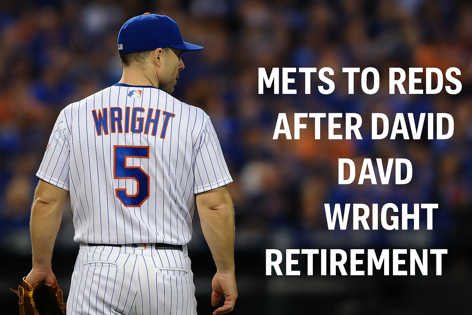 David Wright stands under the lights at Citi Field wearing his iconic No. 5 jersey during his emotional retirement tribute, as New York Mets fans cheer in the background.