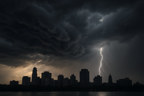 Severe Thunderstorms to Hit New Jersey Today 70 MPH Winds Expected Dark storm clouds and lightning over New Jersey during a severe thunderstorm warning.