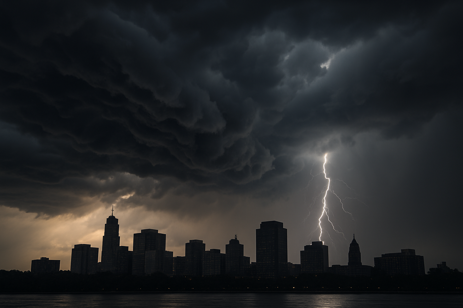 Dark storm clouds and lightning over New Jersey during a severe thunderstorm warning.