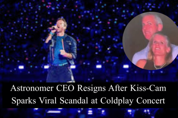 CEO of Astronomer Resigns After Viral Coldplay Kiss-Cam Scandal A concert crowd at night with a giant screen showing a kiss-cam moment during a Coldplay performance.
